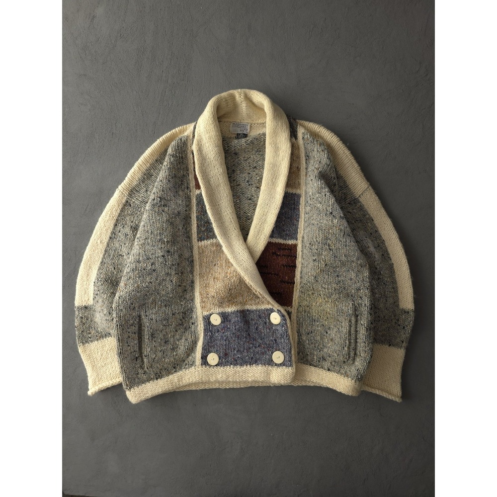Vintage 1970s Margaret Hyne Color Block Wool Shawl Collar Cardigan Sweater XL